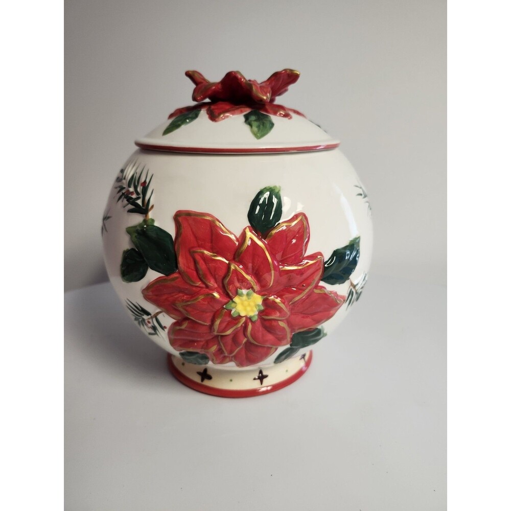 Vintage BICO Christmas 3D POINSETTIA Centerpiece COOKIE JAR 9" High Red & White